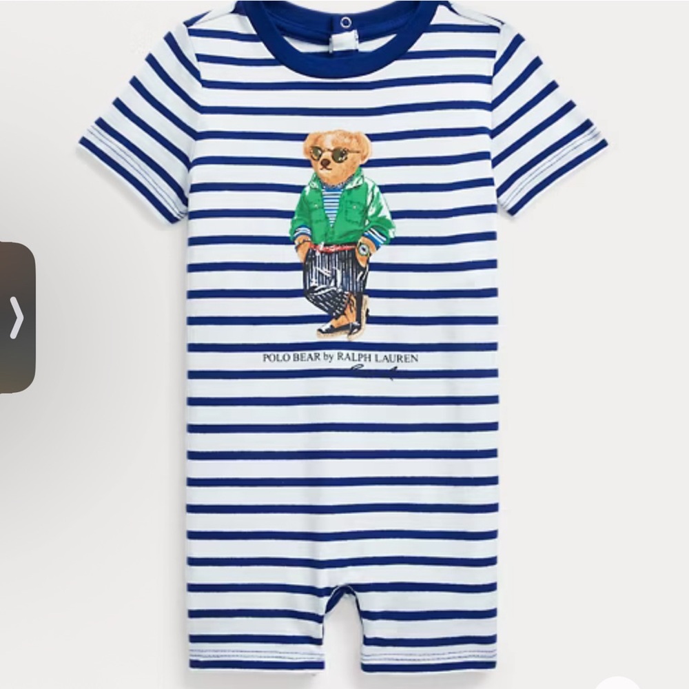 Ralph Lauren Blue and White Striped Bodysuit with Bear Graphic
